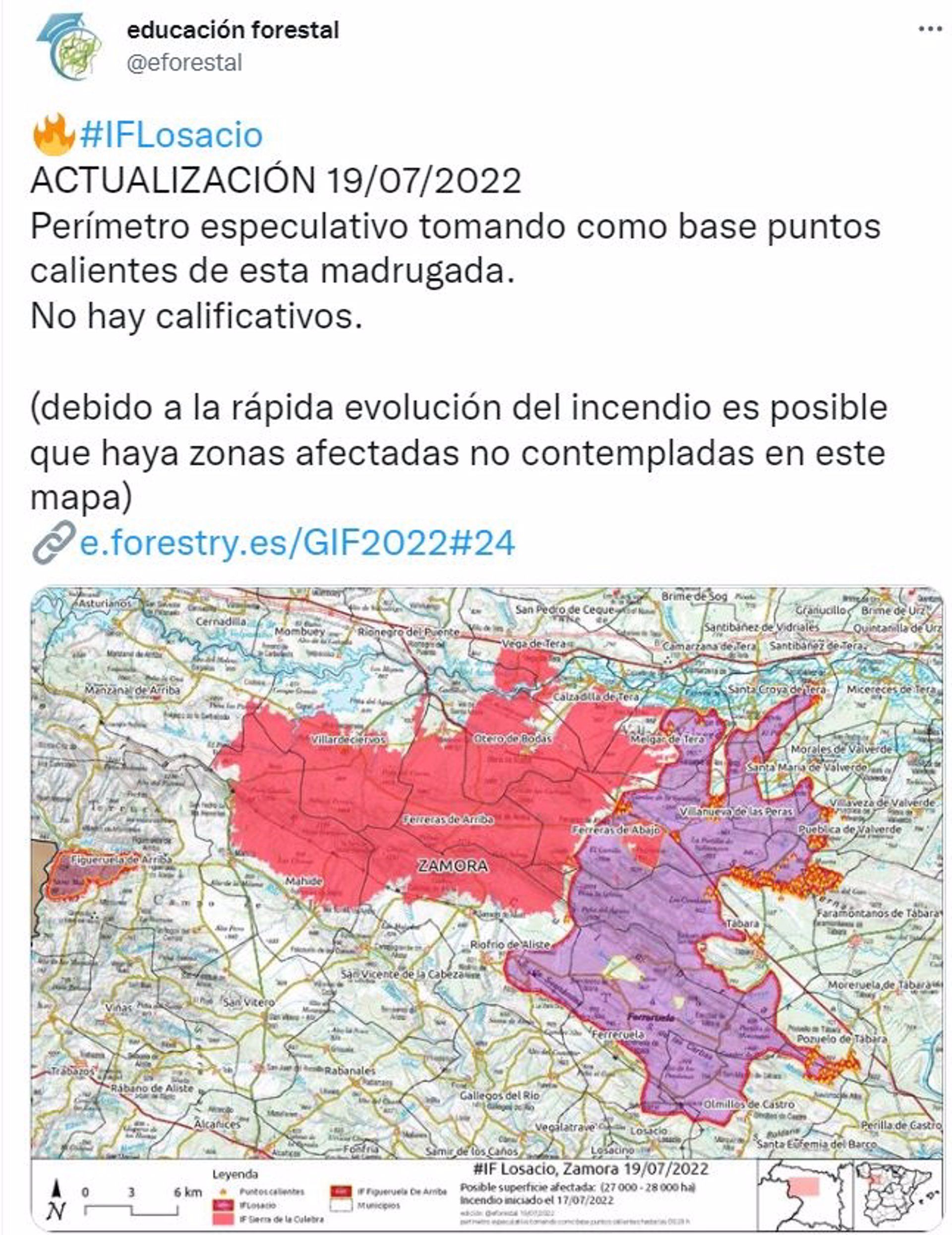 Estimación de superficie afectada en el incendio de Losacio, comparada con los de la Sierra de la Culebra del mes de junio. - @EFORESTAL