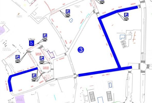 Plano de la ordenanza sobre la zona azul en el entorno de la plaza del Mercado de Abastos vigente desde 2022