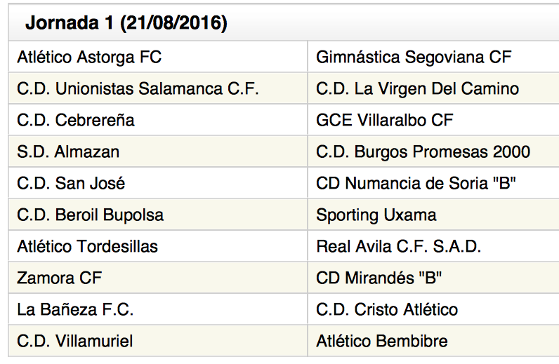 Calendario Liga Grupo VIII División - Temporada