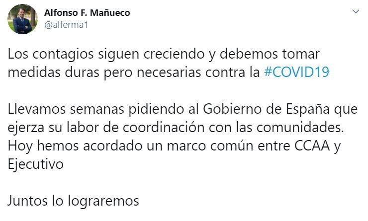 Imagen del tuit publicado este viernes por el presidente de la Junta de Castilla y León, Alfonso Fernández Mañueco.